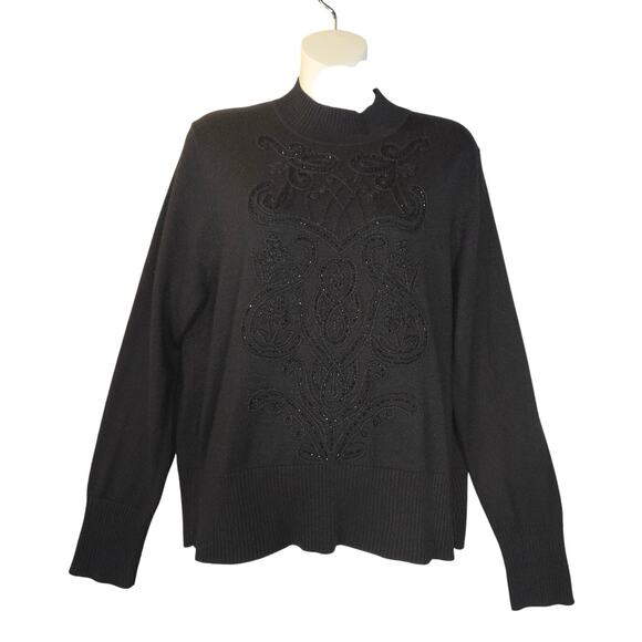 Koret Womens Large Black Sweater Embroidered Floral Beaded Knit Career Neutral - Picture 1 of 9